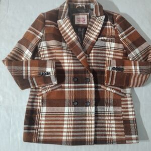 Levis Double Breasted Brown Plaid Wool Blend Women's Coat Size Medium